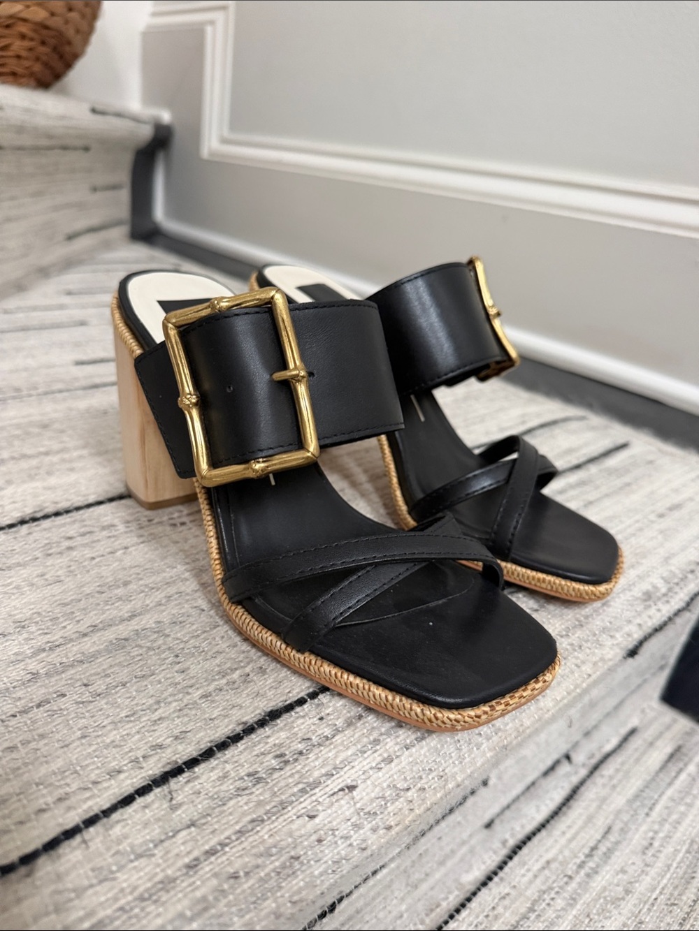 Black Leather Block Heel Mules with Gold Buckle